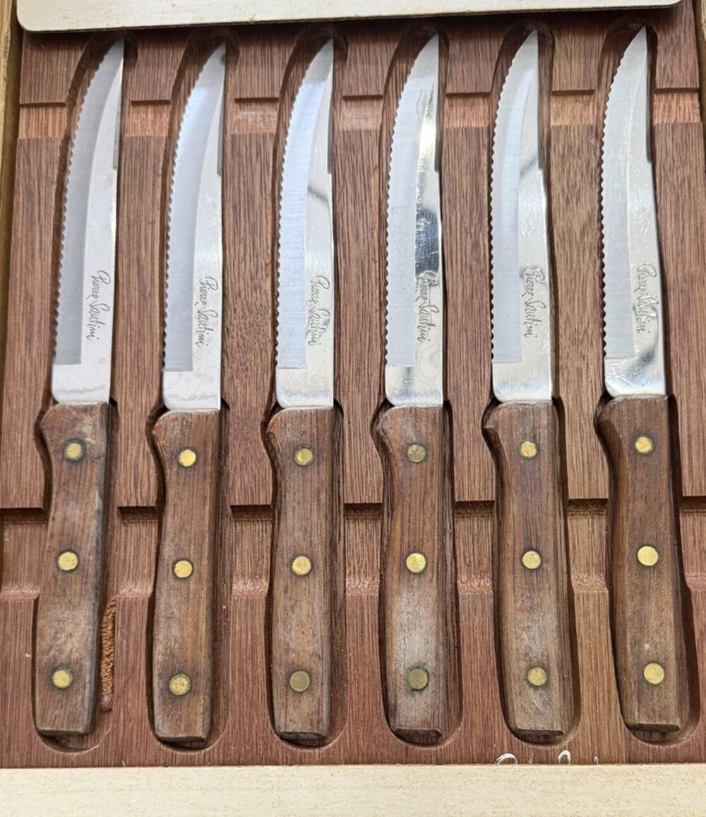 Vintage Pierre Santini Steak Knife Set 6 Wood Handle Serrated Knives Box